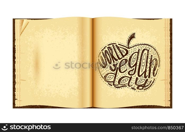 World Vegan Day. Food event concept. Lettering handmade with the name of the event inscribed in the apple. Imitation of a drawing in the old book. World Vegan Day. Lettering handmade with the name of the event inscribed in the apple. Imitation of a drawing in the old book