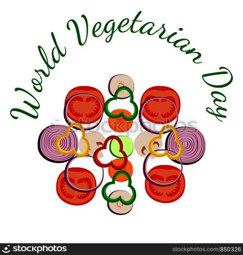 World Vegetarian Day. Food event concept. Vegetables sliced. Zucchini, carrot, onion, tomato bell pepper mushroom eggplant. World Vegetarian Day. Vegetables sliced. Zucchini, carrot, onion, tomato, bell pepper, mushroom, eggplant
