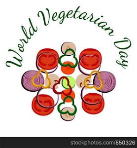 World Vegetarian Day. Food event concept. Vegetables sliced. Zucchini, carrot, onion, tomato bell pepper mushroom eggplant. World Vegetarian Day. Vegetables sliced. Zucchini, carrot, onion, tomato, bell pepper, mushroom, eggplant