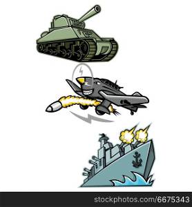 World War 2 Military Vehicles Mascot. Mascot icon illustration set of World War 2 military vehicles like the American M4 Sherman medium tank, the Junkers Ju 87 or Stuka German dive bomber and an American destroyer warship or battleship viewed from low angle on isolated background in retro style.. World War 2 Military Vehicles Mascot
