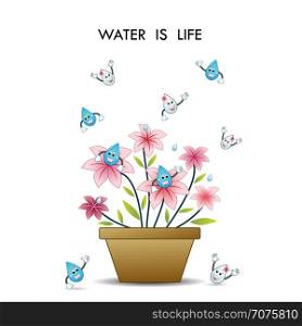World water day illustration cartoon design.Water cartoon mascot character.World Water Day icon.Water drop icon vector logo design template.World Water Day idea campaign.Vector illustration