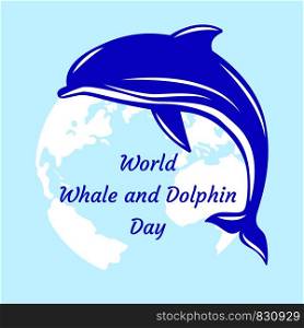 World Whale and Dolphin Day. 23 July. Concept of ecological holiday. Dolphin and silhouettes of continents. Event name. World Whale and Dolphin Day. Dolphin and silhouettes of continents. Event name