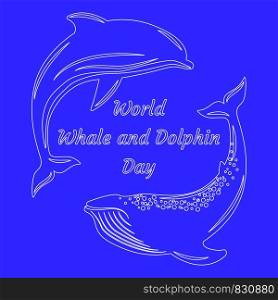 World Whale and Dolphin Day. 23 July. Concept of ecological holiday. Silhouettes Dolphin and Whale. Event name. Blue background. World Whale and Dolphin Day. Silhouettes Dolphin and Whale. Event name. Blue background