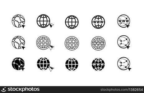 World wide web concept globe internet icons set with cursor or mouse pointe . WWW sign icon on isolated white background for applications, web, app. EPS 10 vector.. World wide web concept globe internet icons set with cursor or mouse pointe . WWW sign icon on isolated white background for applications, web, app. EPS 10 vector