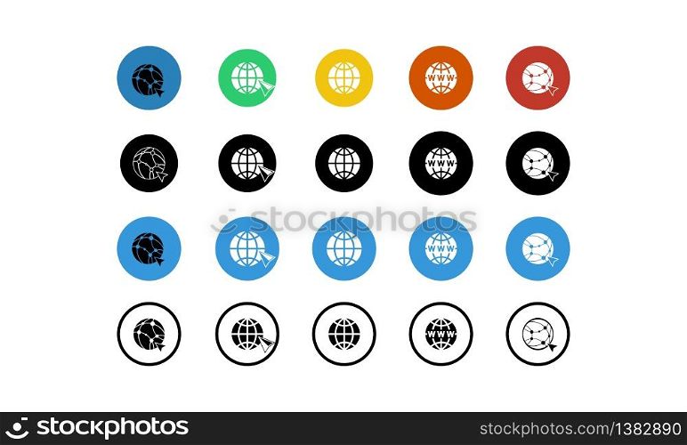World wide web concept globe internet icons set with cursor or mouse pointe . WWW sign icon on isolated white background for applications, web, app. EPS 10 vector. World wide web concept globe internet icons set with cursor or mouse pointe . WWW sign icon on isolated white background for applications, web, app. EPS 10 vector.