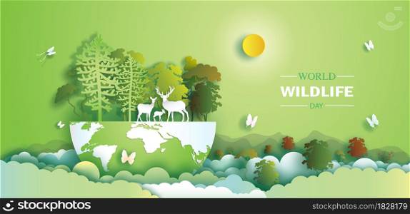 World Wildlife Day with the deer family and butterfly in forest, Paper art, paper cut and origami craft style. Vector illustration world environment wildlife day with animal on earth in natural.