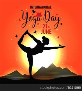 World Yoga Day vector illustration rose sunset background in nature.. World Yoga Day vector illustration, sunset background