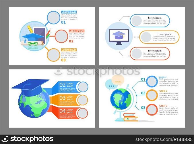 Worldwide access to educational sources infographic chart design template set. Abstract infochart kit with copy space. Instructional graphics with 3 step sequence. Visual data presentation. Worldwide access to educational sources infographic chart design template set