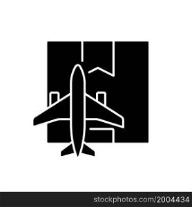 Worldwide air shipping service black glyph icon. Delivering goods and parcels by aircraft. Shipping cargo to client fast. Silhouette symbol on white space. Vector isolated illustration. Worldwide air shipping service black glyph icon
