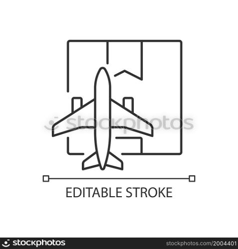 Worldwide air shipping service linear icon. Delivering goods and parcels by aircraft. Thin line customizable illustration. Contour symbol. Vector isolated outline drawing. Editable stroke. Worldwide air shipping service linear icon