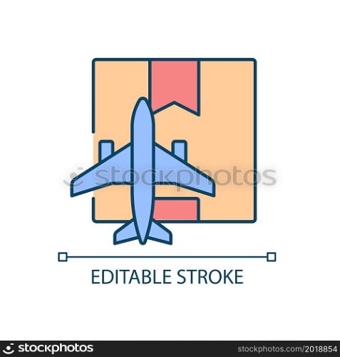 Worldwide air shipping service RGB color icon. Delivering goods and parcels by aircraft. Shipping cargo to client fast. Isolated vector illustration. Simple filled line drawing. Editable stroke. Worldwide air shipping service RGB color icon