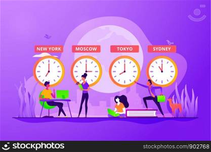 Worldwide business, international company branches. Clocks showing local timezone. Time zones, international time, world business time concept. Vector isolated concept creative illustration. Time zones concept vector illustration