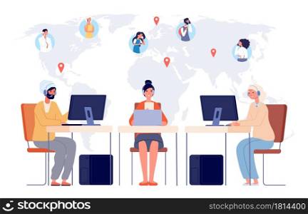 Worldwide call center. Contact help service, international multilingual consult for different customers vector concept. Call help service, support international consultation illustration. Worldwide call center. Contact help service, international multilingual consult for different customers vector concept