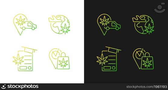 Worldwide cannabis industry gradient icons set for dark and light mode. Marijuana industry. Thin line contour symbols bundle. Isolated vector outline illustrations collection on black and white. Worldwide cannabis industry gradient icons set for dark and light mode
