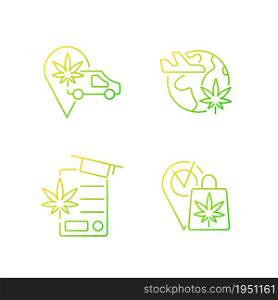 Worldwide cannabis industry gradient linear vector icons set. Marijuana transportation. Travel industry. Cannabis store. Thin line contour symbols bundle. Isolated outline illustrations collection. Worldwide cannabis industry gradient linear vector icons set