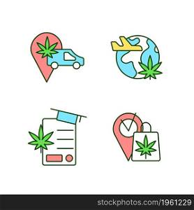 Worldwide cannabis industry RGB color icons set. Marijuana transportation. Travel industry. Cannabis store. Isolated vector illustrations. Simple filled line drawings collection. Editable stroke. Worldwide cannabis industry RGB color icons set