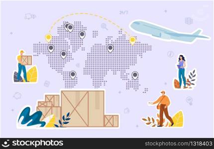 Worldwide Cargo and Mail Delivery Aircraft Service and Company Logistics. Product Goods Shipping Transportation by Airplane. World Map with Location Destination Marks. Deliveryman, Postman, Operator. Worldwide Cargo Mail Delivery Aircraft Service