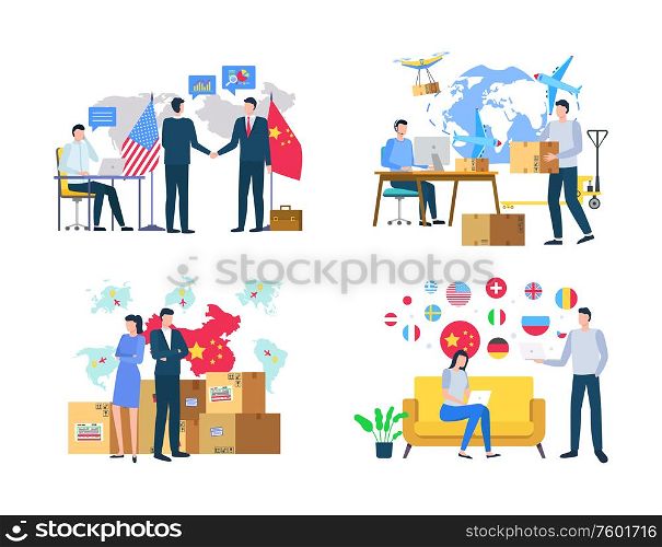 Worldwide delivery of boxes, man and woman workers in office with laptop and goods, transportation in China, USA and other countries, international vector. Import or Export, Delivery of Goods, World Vector