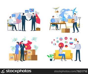 Worldwide delivery of boxes, man and woman workers in office with laptop and goods, transportation in China, USA and other countries, international vector. Import or Export, Delivery of Goods, World Vector