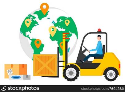 Worldwide delivery of parcels to clients. Loading machine with container made of carton. Box with fragile items inside. Globe planet with location pointers geotags. Logistics service vector in flat. International Delivery, Worldwide Shipment Vector