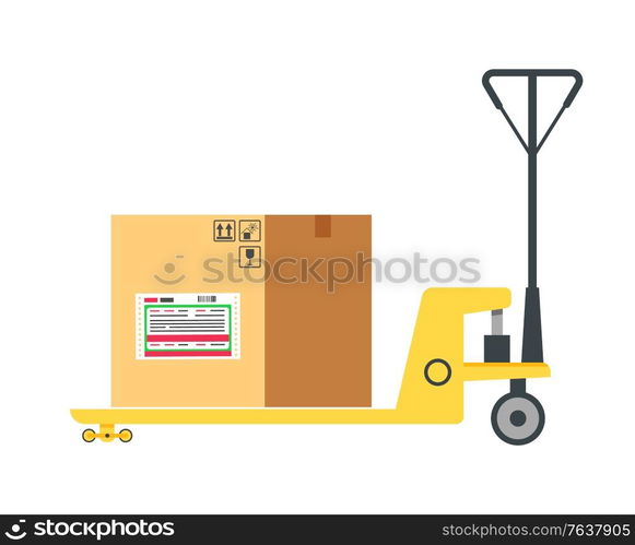 Worldwide delivery, paper container or cardboard box on cart, goods on truck, international transportation, import or export of goods, post office vector. Cardboard Box on Cart, Post Office Element Vector