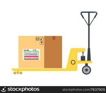 Worldwide delivery, paper container or cardboard box on cart, goods on truck, international transportation, import or export of goods, post office vector. Cardboard Box on Cart, Post Office Element Vector
