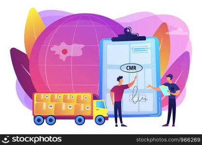 Worldwide logistics and distribution contract. Road transport documents, CMR transport document, international transportation regulation concept. Bright vibrant violet vector isolated illustration. Road transport documents concept vector illustration