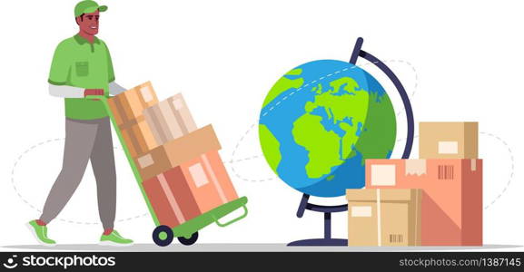 Worldwide product shipping semi flat RGB color vector illustration. International package delivery service. Male african american courier isolated cartoon character on white background. Worldwide product shipping semi flat RGB color vector illustration