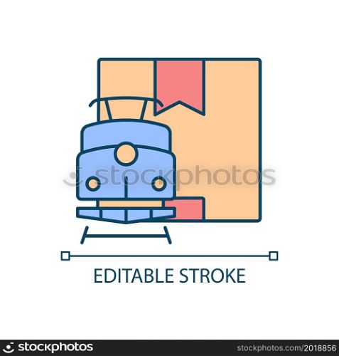 Worldwide rail cargo shipping RGB color icon. Delivering orders by railway. Modern train transporting cargo to customs. Isolated vector illustration. Simple filled line drawing. Editable stroke. Worldwide rail cargo shipping RGB color icon