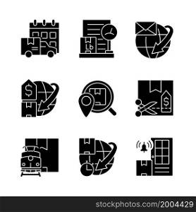 Worldwide shipping professional service black glyph icons set on white space. Guaranteed on-time orders delivery. Cargo protection. Silhouette symbols. Vector isolated illustration. Worldwide shipping professional service black glyph icons set on white space