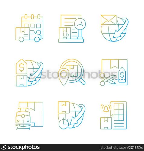 Worldwide shipping professional service gradient linear vector icons set. Guaranteed orders delivery. Cargo protection. Thin line contour symbols bundle. Isolated outline illustrations collection. Worldwide shipping professional service gradient linear vector icons set