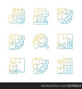 Worldwide shipping professional service gradient linear vector icons set. Guaranteed orders delivery. Cargo protection. Thin line contour symbols bundle. Isolated outline illustrations collection. Worldwide shipping professional service gradient linear vector icons set