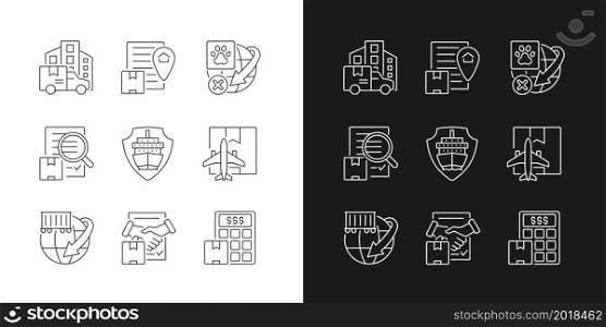 Worldwide shipping professional service linear icons set for dark and light mode. Guaranteed on-time delivery. Cargo protection. Customizable thin line symbols. Isolated vector outline illustrations. Worldwide shipping professional service linear icons set for dark and light mode