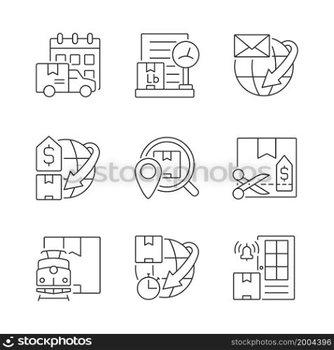 Worldwide shipping professional service linear icons set. Guaranteed on-time orders delivery. Cargo protection. Customizable thin line contour symbols. Isolated vector outline illustrations. Worldwide shipping professional service linear icons set