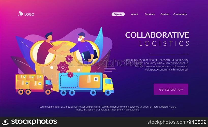 Worldwide shipping service, international distribution. Collaborative logistics, supply chain partners, freight cost optimization concept. Website homepage landing web page template.. Collaborative logistics concept landing page