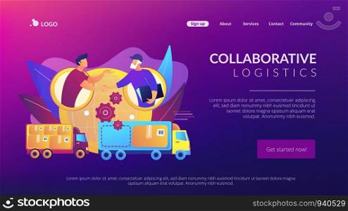 Worldwide shipping service, international distribution. Collaborative logistics, supply chain partners, freight cost optimization concept. Website homepage landing web page template.. Collaborative logistics concept landing page
