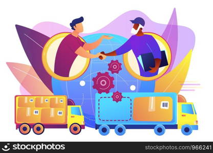 Worldwide shipping service, international distribution. Collaborative logistics, supply chain partners, freight cost optimization concept. Bright vibrant violet vector isolated illustration. Collaborative logistics concept vector illustration