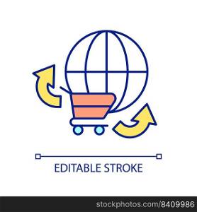 Worldwide shopping RGB color icon. Market extension. Business and commerce. Shopping cart and globe. Isolated vector illustration. Simple filled line drawing. Editable stroke. Arial font used. Worldwide shopping RGB color icon