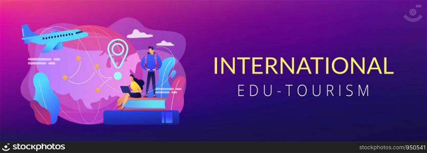 Worldwide travel, school adventure. Tourist trip, students on holidays. Educational tourism, international edu-tourism, best study tours concept. Header or footer banner template with copy space.. Educational tourism concept banner header