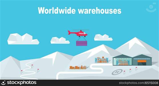 Worldwide Warehouse Delivering to the North Pole. Worldwide warehouse deliver to North Pole. Logistics container shipping and distribution. Transportation through mountains and snow. Loading and unloading boxes. Part of series of worldwide delivery
