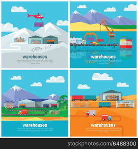 Worldwide Warehouse. Logistics containers shipping. Warehouse worldwide design flat. Logistics container shipping and distribution. Transportation by water in the mountains in the desert and in the snow. Loading and unloading boxes. Vector illustration