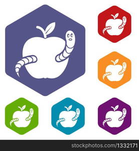 Worm apple icons vector colorful hexahedron set collection isolated on white. Worm apple icons vector hexahedron