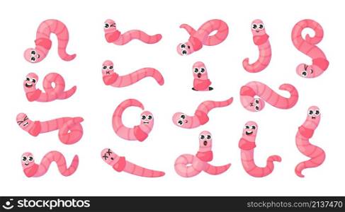 Worm character. Cartoon earthworm mascot with big eyes and cute faces. Insects for kids illustration. Fishing bait. Funny soil crawlers with various emotion expressions. Vector isolated pink bugs set. Worm character. Cartoon earthworm mascot with big eyes and cute faces. Insects for kids illustration. Fishing bait. Soil crawlers with various emotion expressions. Vector pink bugs set