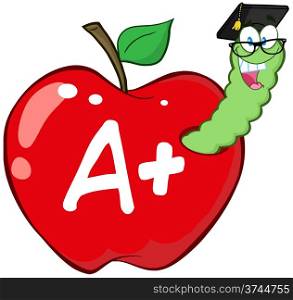 Worm In Red Apple With Graduate Cap,Glasses And Letter A+