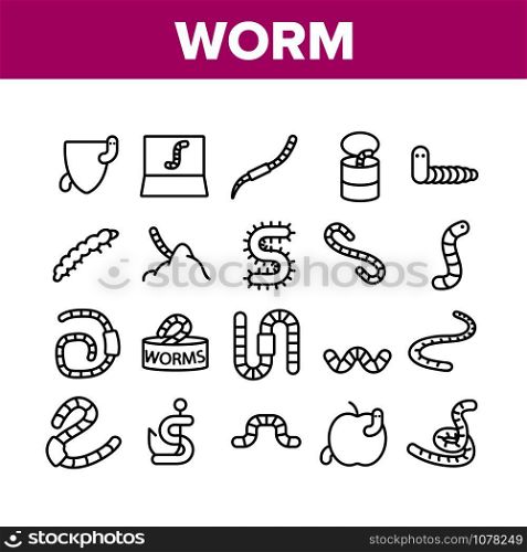 Worm Insect Animal Collection Icons Set Vector Thin Line. Worm In Apple And Bait On Fishing Hook, On Shield And In Container Concept Linear Pictograms. Monochrome Contour Illustrations. Worm Insect Animal Collection Icons Set Vector
