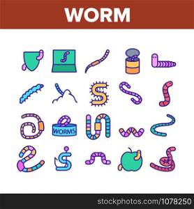 Worm Insect Animal Collection Icons Set Vector Thin Line. Worm In Apple And Bait On Fishing Hook, On Shield And In Container Concept Linear Pictograms. Color Contour Illustrations. Worm Insect Animal Collection Icons Set Vector