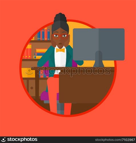 Worried african-american woman sitting at workplace in front of computer and clutching her head. Concept of business bankruptcy. Vector flat design illustration in the circle isolated on background.. Tired employee sitting in office.