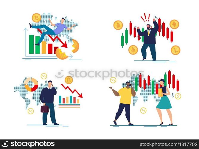 Worried Angry Traders and Forex Crush Cartoon Set. Man and Woman Talking Mobile Phone, Planning Investment Strategies, Solving Problems. Flat Financial Charts and Graphs. Vector Illustration. Worried Angry Traders and Forex Crush Cartoon Set