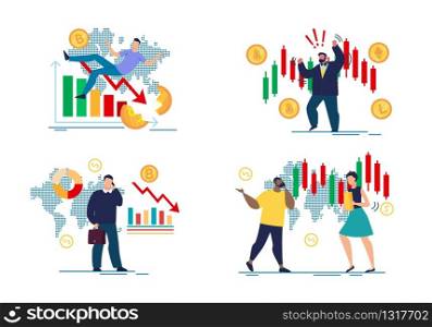 Worried Angry Traders and Forex Crush Cartoon Set. Man and Woman Talking Mobile Phone, Planning Investment Strategies, Solving Problems. Flat Financial Charts and Graphs. Vector Illustration. Worried Angry Traders and Forex Crush Cartoon Set