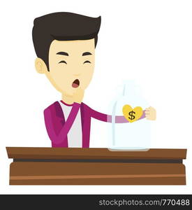 Worried asian business bankrupt looking at empty money box with dollar sign. Desperate bankrupt sitting at the table with empty money box. Vector flat design illustration isolated on white background.. Bankrupt man looking at empty money box